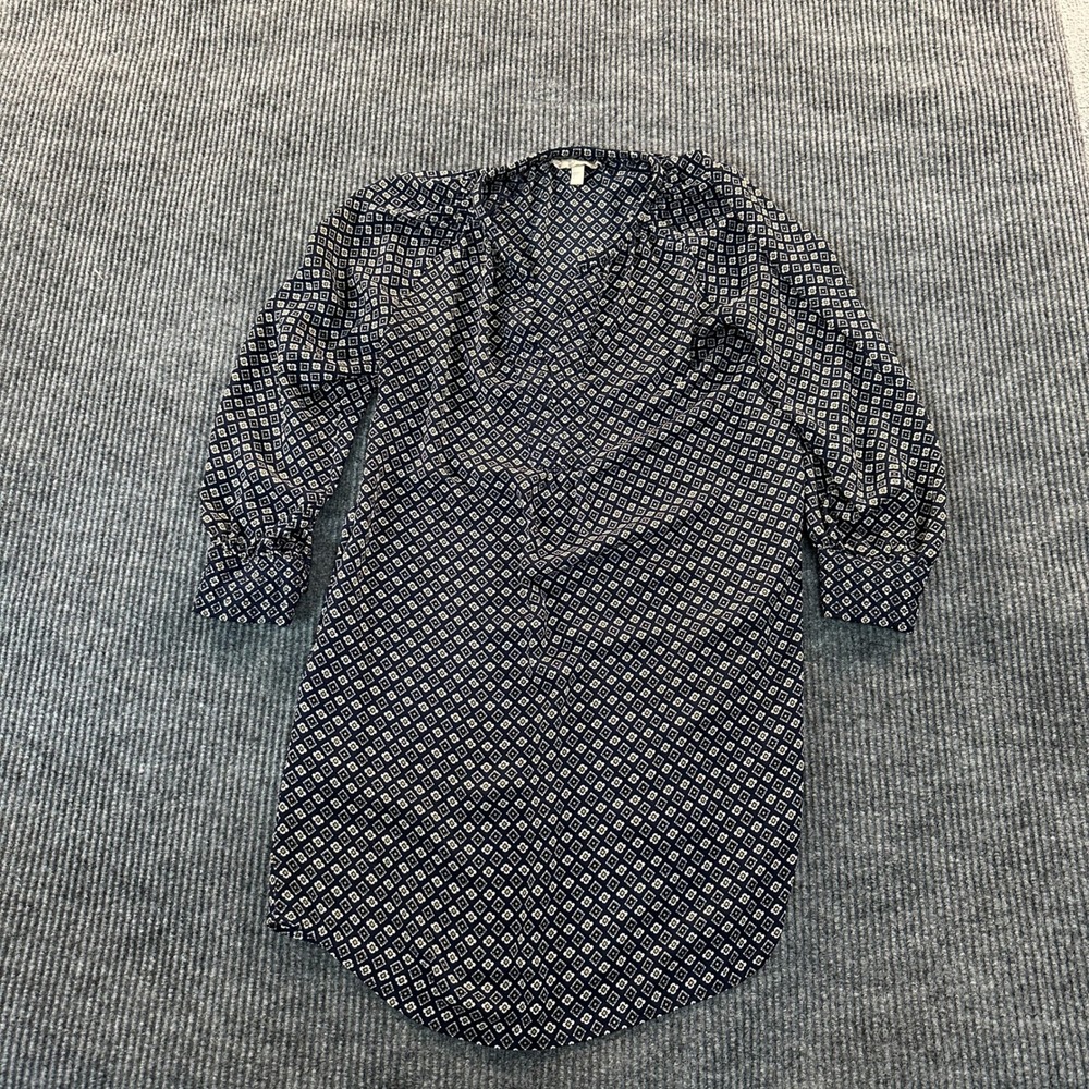 Banana Republic Womens Petite Geometric Tunic 8P Navy White Long Sleeve Blouse